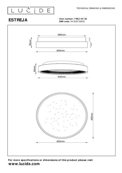 Lucide ESTREJA - Plafonnier - Ø 40 cm - LED 3 StepDim - CCT - 2500K/3000K - Noir - technique